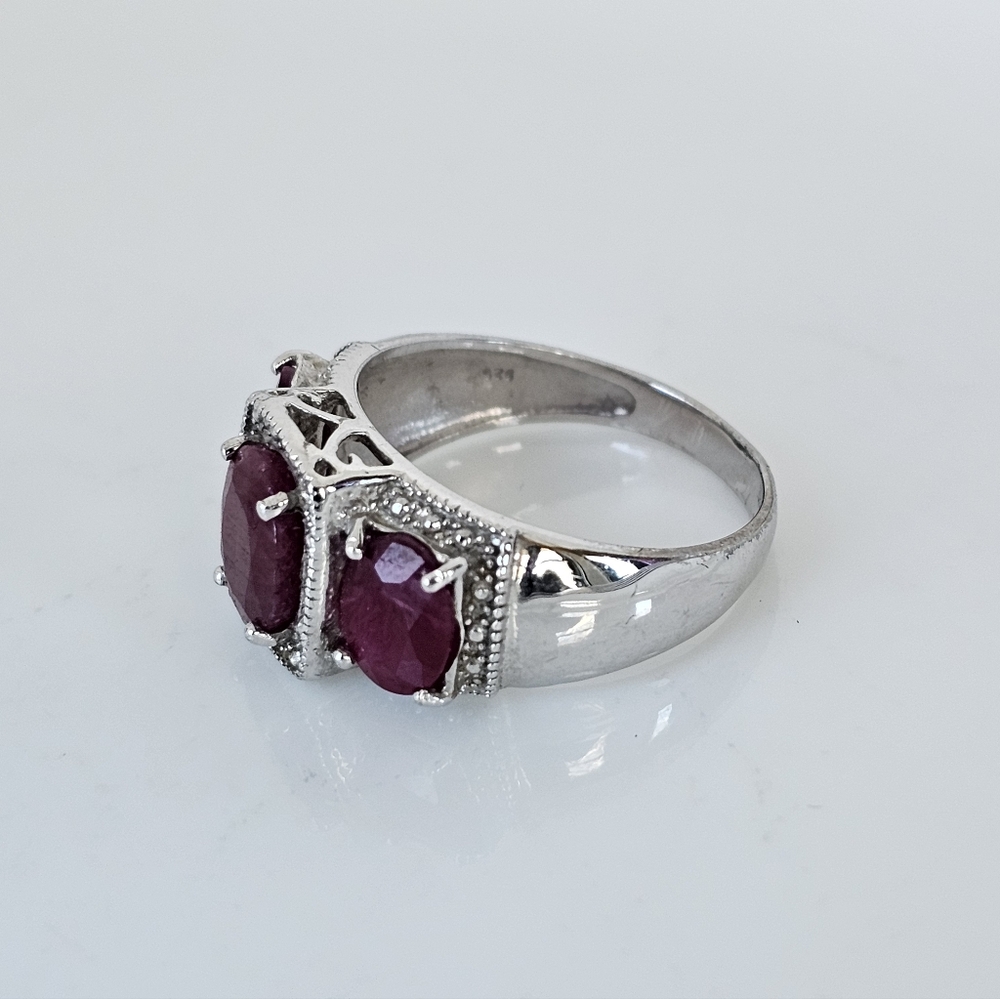 Genuine Ruby & Diamond Ring Sterling Silver Size … - image 3